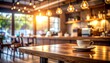 © Tau - Cafe interior scene with coffee cup on wooden table, light shining