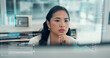 © P2000/peopleimages.com - Overlay, thinking and trading with business woman in office for review of digital charts or graphs. Hologram, planning and stock market with Asian employee at desk in workplace for financial analysis