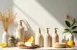 © Vadym - Natural home care products, raw ingredients sit on white shelf. Eco friendly detergent bottles, fresh lemons, bar soap, dried herbs, wheat stalks neatly arranged. Sunny light casts soft leaf shadows