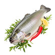 © Arif - Fresh whole trout with lemon and chili peppers on a dark background