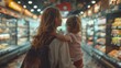 © COK House - A mother and child in a supermarket choose groceries, creating an atmosphere of family comfort — the ideal backdrop for advertising baby food or family stores.