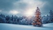 © The 2R Artificiality - Snow-covered Christmas tree in a serene winter forest. Vertical poster with a natural winter theme for holiday cards and flyers.