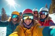 © Vadym - Group of friends in ski gear taking a selfie on a sunny winter day. They wear helmets and goggles, smiling happily on a snowy mountain slope. Friends enjoy their winter vacation together on ski trip.