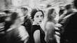 © Руслан Галиуллин - black and white photograph of  elegant brunette woman, walking through  crowd outdoor, blurred motion,  cinematic