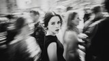 black and white photograph of elegant brunette woman, walking through crowd outdoor, blurred motion, cinematic