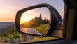 © umi - Scenic Road Trip Reflection - Castle and Sunset in Car Mirror.