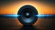 © DENI SETYAWAN - A black speaker with sonic waves emitting against an orange sunset background