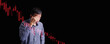 © OleCNX - A stressed man touching his forehead with a red downward stock graph overlay, symbolizing financial loss, business crisis, market crash, economic recession under pressure and uncertainty.