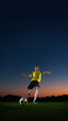 © master1305 - Soccer player kicking ball at sunset on outdoor field. Concept of sport training, match practice, athletic performance for sportswear, coaching, and fitness campaigns. Handmade collage