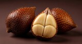 Close-up of fresh salak fruit with brown spiky skin and creamy flesh