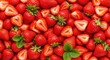 © Nataly - Red strawberries abound as a fresh strawberry background. Red strawberries in abundance showcases a vibrant backdrop, and several sliced strawberries for texture and visual appeal.