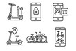 © VideoHub - Shared Micro-Mobility Icons. Line style icons of Shared Micro-Mobility Systems: docked scooter station, app-based unlock screen,