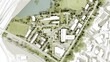 © Newleks - Urban planning conceptual rendering showcasing a master plan for a sustainable green residential and commercial development with buildings, roads, parks, and a lake