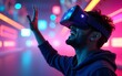 © ling - Future digital technology metaverse game and entertainment, Man having fun play VR virtual reality goggle, sports game 3D cyberspace futuristic neon colorful background, Illustration banner background