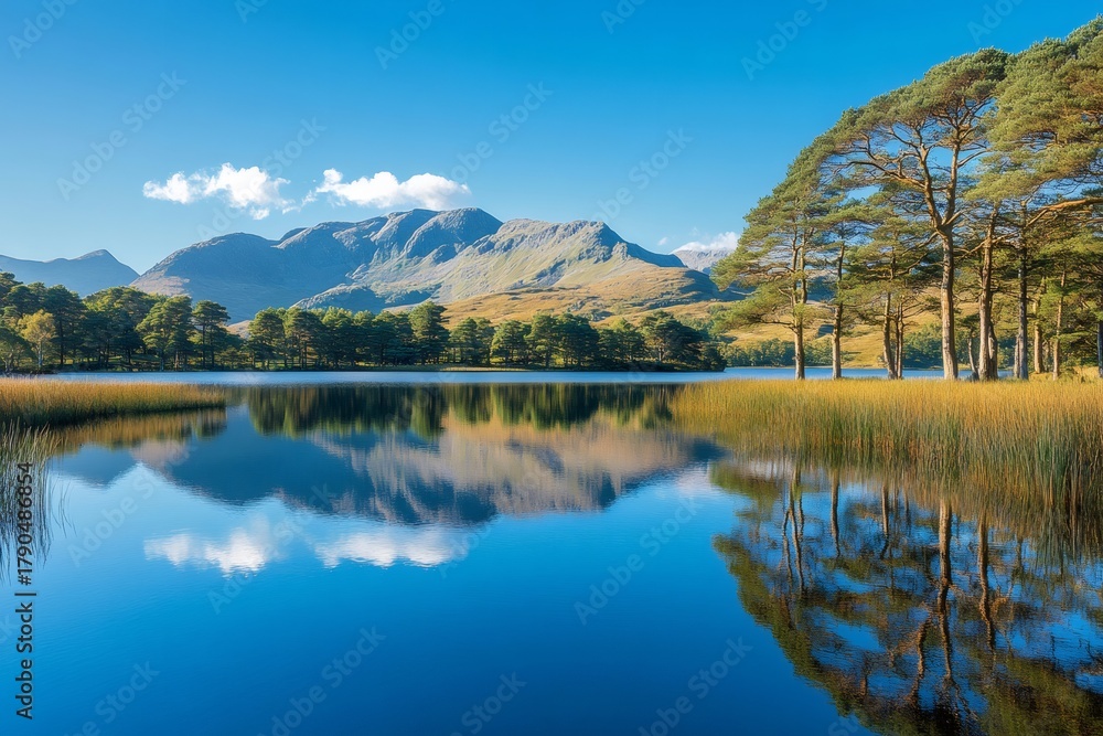 Lochans reflection of mountains and Scottish pines