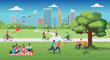 © PDWN Creative - Vibrant urban park scene with diverse people enjoying various leisure activities like cycling, picnicking, and playing frisbee, set against a modern cityscape backdrop on a sunny day