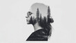 © sommersby - Black and white double exposure portrait of thoughtful woman in profile, her silhouette filled with serene coniferous forest scene, symbolizing connection between mind and nature