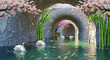 © aimart - Serene Cherry Blossom and Bamboo 3D Wallpaper with Swans and Fish, 3D Relief Mural, 3D Floral Wallpaper, 3D Wall Mural, 3D Floral Background, 3D Wall Mural, 3D Floral Art.