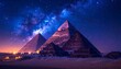 © Gerhana - Dramatic pyramids rise from sandy dunes under a vibrant, star-filled cosmic sky, lit by warm lights on the horizon