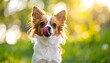 © Fiana - Cute brown and white chihuahua licks its nose in a grassy field, with blurred sunny bokeh background