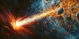 Dramatic close-up of a fiery comet or asteroid streaking through a nebula, leaving a bright tail and causing an explosion of stellar debris.
