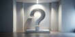 © GiftedFrames - A large question mark sculpture stands on a minimalist pedestal in a modern, brightly lit interior space with sleek, vertical wall paneling.