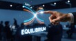 © Nazuro - Businessman touching supply demand curves intersecting equilibrium point, for economic balance, market stability, strategic decision-making in business environment with blurred colleagues