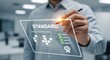 © Nazuro - Person interacting with digital interface with checklist for standard quality control points with green ticks seal approval, for compliance, accuracy, successful product verification in