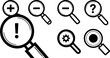 © DesignVectX - Magnifying glass icons with plus minus question and gear symbols in black and white vector design for searching and settings