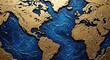 © Gennyson Marinho - Stunning textured gold world map overlaying deep textured blue ocean creating a luxurious and sophisticated global connection