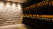 © Aurora Aesthetics - Racks of wine bottles in a modern wine cellar with a blank space on a stone wall for text copy space