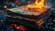 © hardvicore - Stack of burned paper documents with smoldering edges, paper flame rising, dramatic and intense