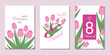© Alyona  - A set of fashionable postcards with congratulations for Women's Day. Posters for International Women's Day with springy delicate pink tulips . Vector design.