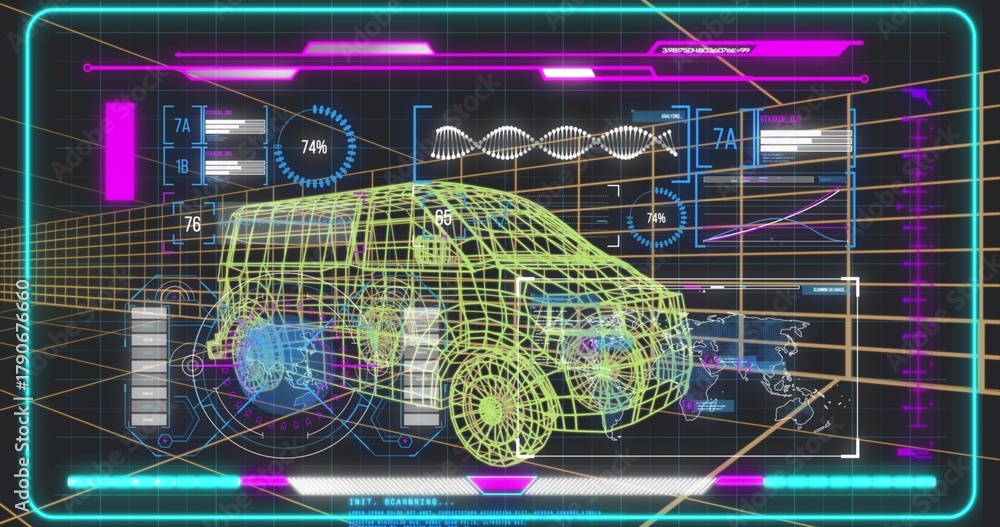 Displaying wireframe 3D SUV scanning on virtual HUD with wheel ...