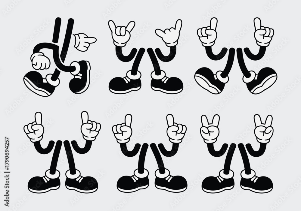 Cartoon Character Hands and Feet Set with Various Gestures and Poses in ...