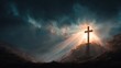 © Amena - Symbolic cross representing Jesus resurrection stands over Golgotha under a dramatic sky filled with clouds and rays of light shining down, signifying hope and renewal