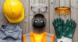 © Alice O - Safety gear and protective equipment arranged on wooden surface. Features hard hat, goggles, earmuffs, gloves, and vest. Perfect for workplace safety training or construction materials.