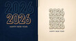 © monirul - 2026 Happy New Year text in blue and gold on dark blue and beige backgrounds lettering numbers