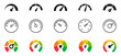 © TMvectorart - Speedometer icon set. Speed indicator. Gauge, dashboard, tachometer, scale. Speedometer icon with arrow. Vector illustration.