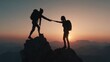 © Pacul - Two hikers reach hands on mountain peaks at sunrise.