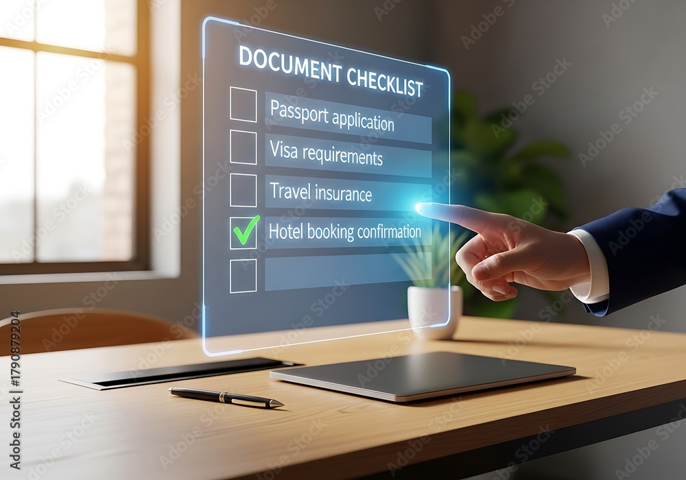 Document checklist concept with a person pointing at a digital screen ...