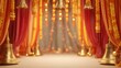 © Oksana_Tukane - luxury faceless navratri festival background, golden temple bells and marigold garlands, saffron and red drapes with shimmering diyas, copy space pedestal for product placement