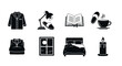© eclipse - Black silhouette icons representing bedtime concepts, including pajamas, a bedside lamp, an open book, slippers, a cup, folded clothes, a window, a bed, and a candle.