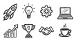 © eclipse - Black outline icons depicting a rocket, light bulb, gear, laptop, upward graph, trophy, handshake, and coffee cup, representing innovation and success themes.