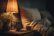 © Pere Chuliá - Cozy bedroom nightstand with warm lamp, vintage alarm clock and chamomile tea, soft bedding in background for restful sleep