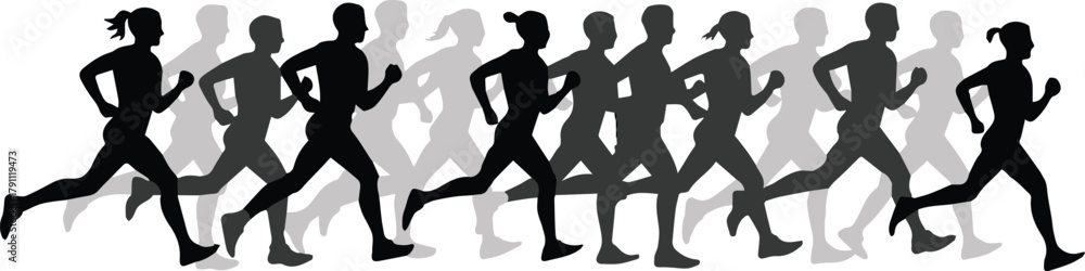 runner group of silhouettes in motion dynamic sports vector illustration