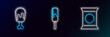 © Oksana - Set line Bag or packet potato chips, Chicken leg and Ice cream icon. Glowing neon. Vector