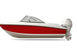 Speedboat with a red hull and white deck, featuring an outboard motor, ready for summer cruising and water sports