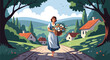 © meeblues - Flat vector illustration of smiling woman walking with basket full of flowers on village road. Solid pastel tones, no gradients, simple peaceful countryside concept