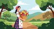 © meeblues - Flat vector illustration of smiling woman walking with basket full of flowers on village road. Solid pastel tones, no gradients, simple peaceful countryside concept